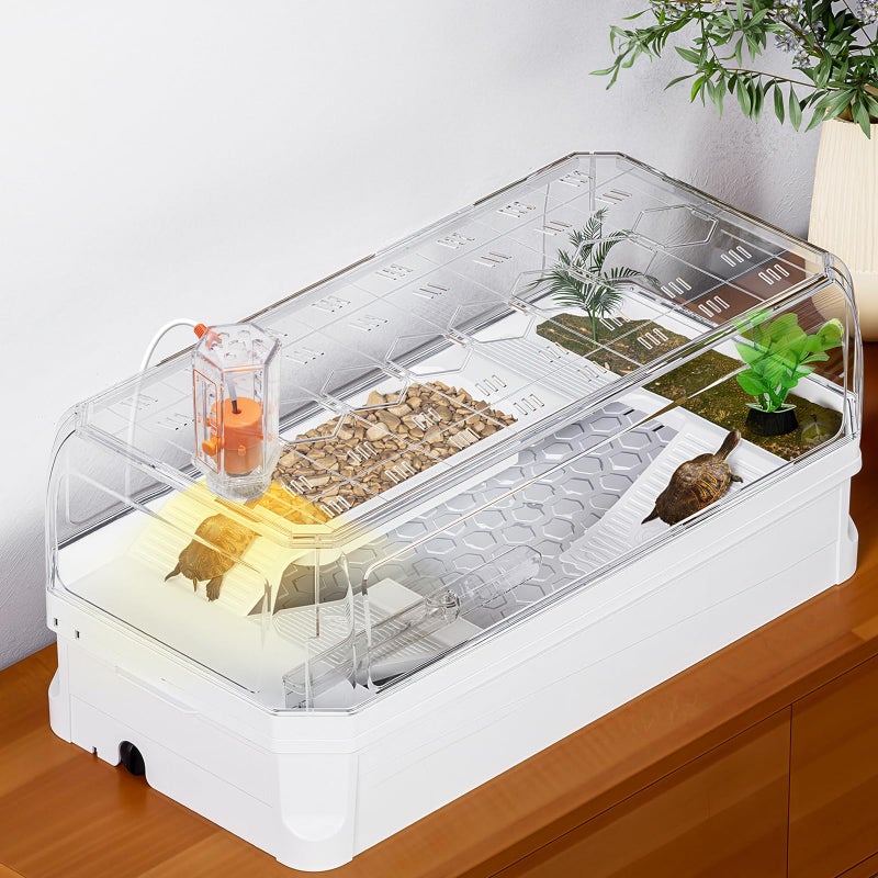 Clioran Turtle Tank Kit with Lid,Aquatic Tortoise Habitat Cage Starter Aquarium with Multi-Function Area,UV Basking Platform Light,Water Filter,Rain Shower Arm,Plant,Stone,Enclosure Red Eared Slider - Image 1