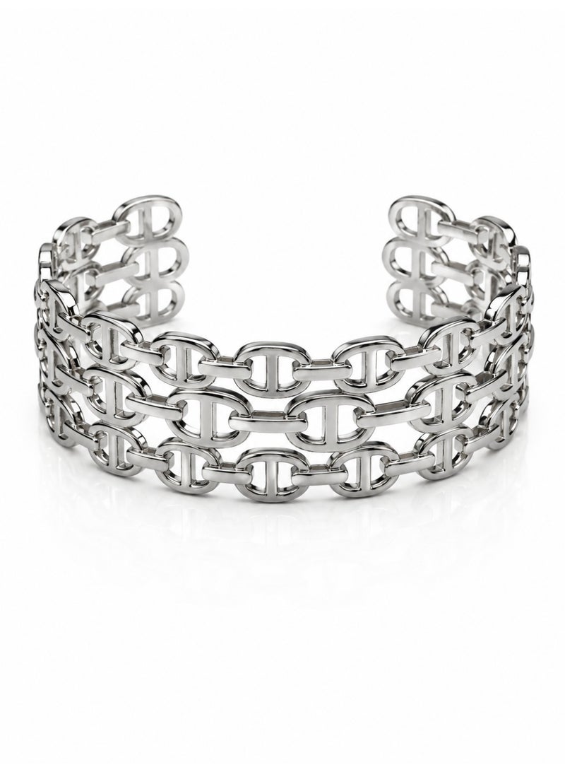 Women’s Silver-Tone Wide Link Cuff Bracelet with Multi-Row Interlocking Design
