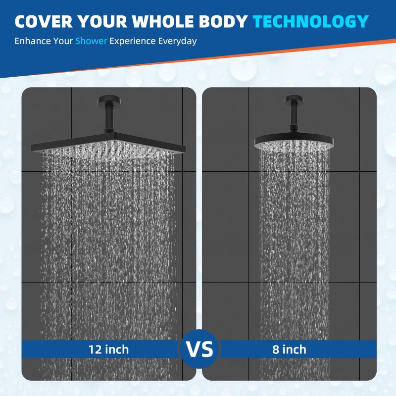 Hibbent cUCPC Certified Metal Rain Shower Head, 12'' High Pressure Shower Heads, Square Large Bathroom Rainfall Shower Head with Adjustable Brass Ball Joint, Waterfall Full Body Coverage, Matte Black - Image 2
