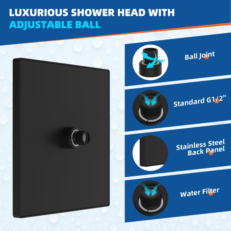 Hibbent cUCPC Certified Metal Rain Shower Head, 12'' High Pressure Shower Heads, Square Large Bathroom Rainfall Shower Head with Adjustable Brass Ball Joint, Waterfall Full Body Coverage, Matte Black - Image 4