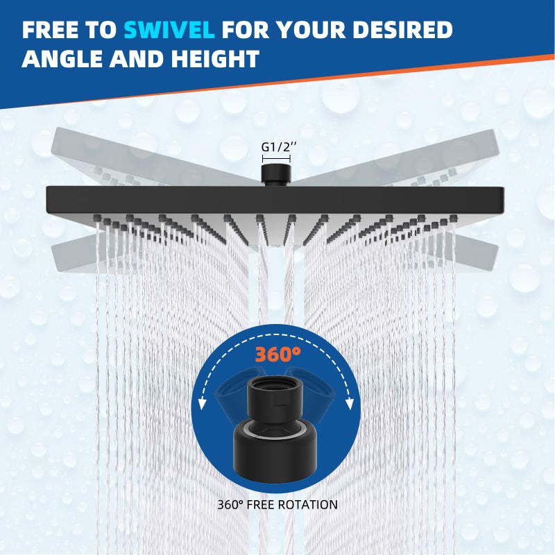 Hibbent cUCPC Certified Metal Rain Shower Head, 12'' High Pressure Shower Heads, Square Large Bathroom Rainfall Shower Head with Adjustable Brass Ball Joint, Waterfall Full Body Coverage, Matte Black - Image 5