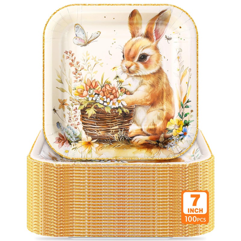 Potchen 100 Pcs Easter Bunny Dessert Plates Bulk 7 x 7 Inch Disposable Vintage Bunny Paper Plates Square Gold Foil Dessert Plates for Easter Spring Party Decor Supplies - Image 1
