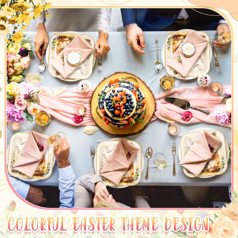 Potchen 100 Pcs Easter Bunny Dessert Plates Bulk 7 x 7 Inch Disposable Vintage Bunny Paper Plates Square Gold Foil Dessert Plates for Easter Spring Party Decor Supplies - Image 5