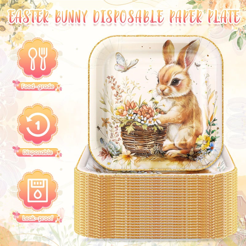 Potchen 100 Pcs Easter Bunny Dessert Plates Bulk 7 x 7 Inch Disposable Vintage Bunny Paper Plates Square Gold Foil Dessert Plates for Easter Spring Party Decor Supplies - Image 4