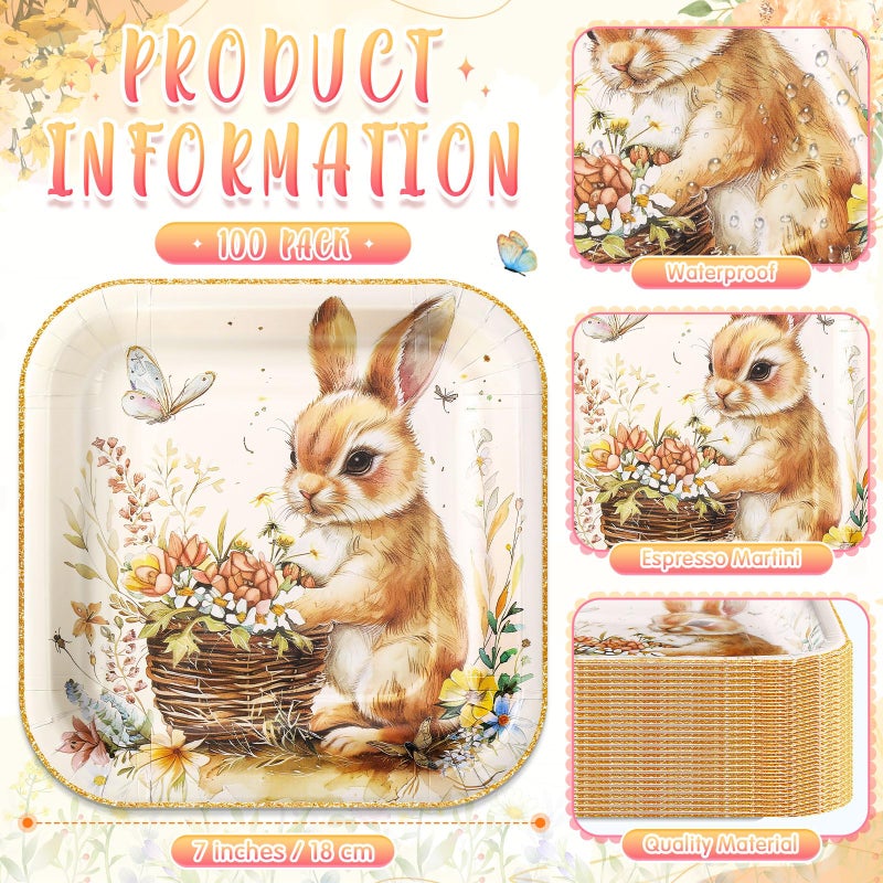 Potchen 100 Pcs Easter Bunny Dessert Plates Bulk 7 x 7 Inch Disposable Vintage Bunny Paper Plates Square Gold Foil Dessert Plates for Easter Spring Party Decor Supplies - Image 3
