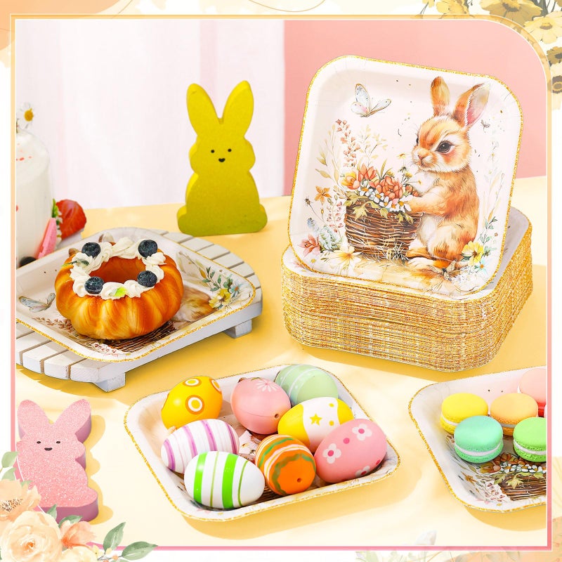 Potchen 100 Pcs Easter Bunny Dessert Plates Bulk 7 x 7 Inch Disposable Vintage Bunny Paper Plates Square Gold Foil Dessert Plates for Easter Spring Party Decor Supplies - Image 2