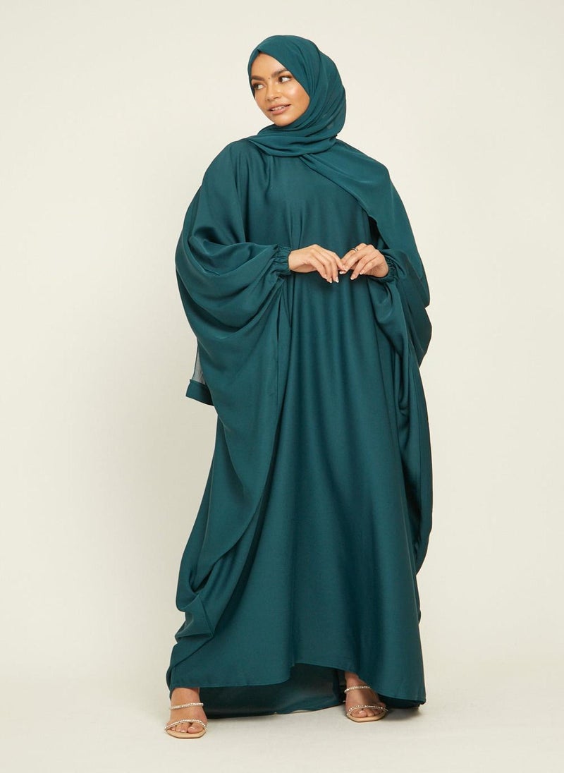 NUKHBAA Elegant Green plain abaya wityh belt and Hijab-AB45  - Image 1
