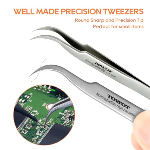 TOWOT Precision Tweezers, 5 PCS Stainless Steel, Non-Magnetic, Heat Resistant, Curved, Jewelry, Electronics, Craft, Soldering, Experimental Work - Image 3