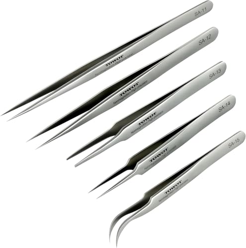 TOWOT Precision Tweezers, 5 PCS Stainless Steel, Non-Magnetic, Heat Resistant, Curved, Jewelry, Electronics, Craft, Soldering, Experimental Work - Image 1