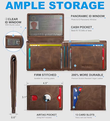 miyozi AirTag Wallet for Men Slim Leather Bifold with Holder Slot 2 ID Windows 13 Card Slots RFID Blocking Front Pocket Wallet with Gift Box - Image 3