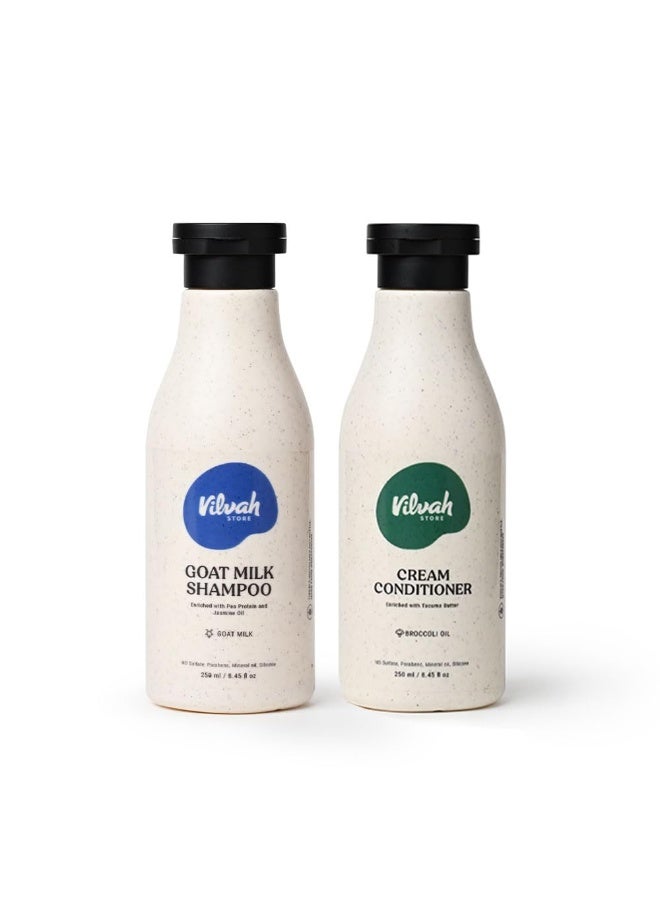 vilvah STORE Vilvah Goat Milk Shampoo 250ml& Cream Conditioner 250ml | Balances Scalp pH, Reduces Frizz & Dryness | Sulfate, Paraben & Silicone Free | For All Hair Types, Men & Women - Image 1