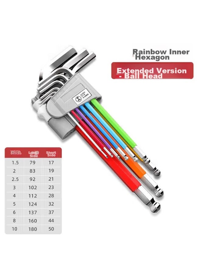 Greener Hex Key Set, Colorful Ball Head And Flat Head Hex Keys, Extended Version, Nine-piece Set - Image 1