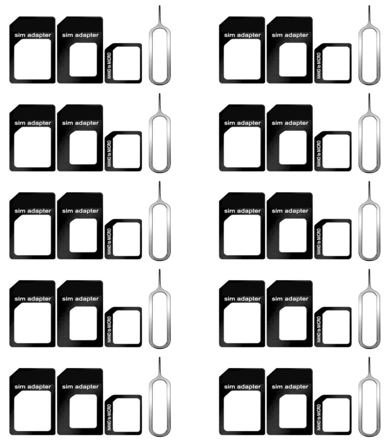 CKANDAY 10 Pack SIM Card Adapter Kit, 4 in 1 Nano Micro Standard Converter Kit with Steel SIM Tray Eject Pin 1, Black - Image 1
