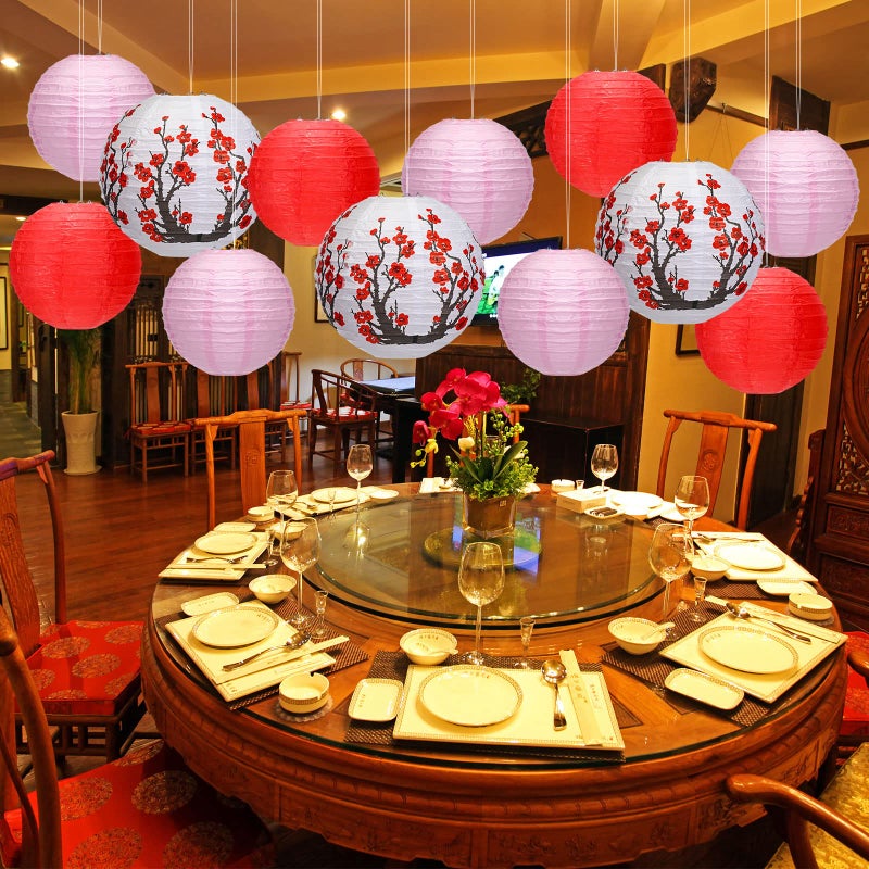 Mudder 20 قطعة زينة الفوانيس اليابانية والصينية تشمل 6 فوانيس ورقية زهر الكرز و14 فانوس أحمر صيني 12 بوصة زينة منزلية لرأس السنة (أحمر، وردي فاتح) - Image 5