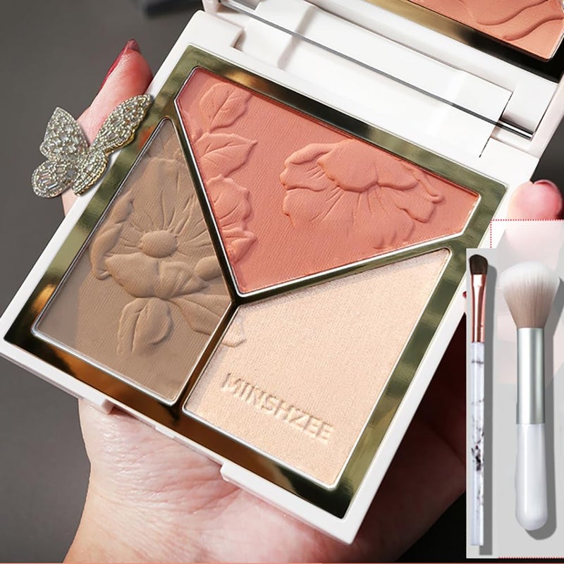Petansy Face Highlighter & Contouring & Blush Palette Natural Shiny Contour Highlight Lasting Lightweight Face Blush with Mirror and Brush - Image 1