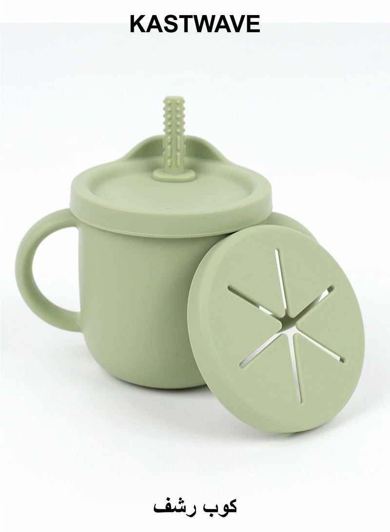 كاست ويف كوب شرب للأطفال الصغار مع غطاء، وعاء وجبات خفيفة للأطفال 2 في 1، وعاء سيليكون للوجبات الخفيفة مع مقياس قابل للإزالة، زجاجة مياه للأطفال مع ماصة 8.5 أونصة (أخضر زيتوني) - Image 1