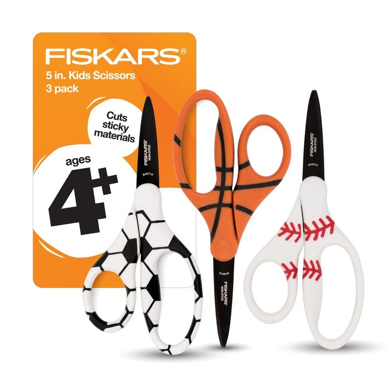 Fiskars 5" Pointed-Tip Scissors for Kids 4-7 with Non-Stick Blades (3-Pack) - Scissors for School or Crafting - Back to School Supplies - Sports Design - Image 1