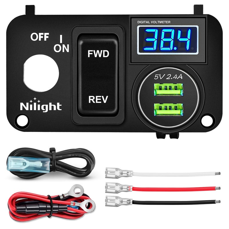 Nilight Golf Cart Key Switch Console Panel 9V-48V DC with Forward Reverse 3PIN Rocker Switches 4.8A Dual USB Quick Charger LED Digital Voltmeter for EZGO TXT PDS - Image 1