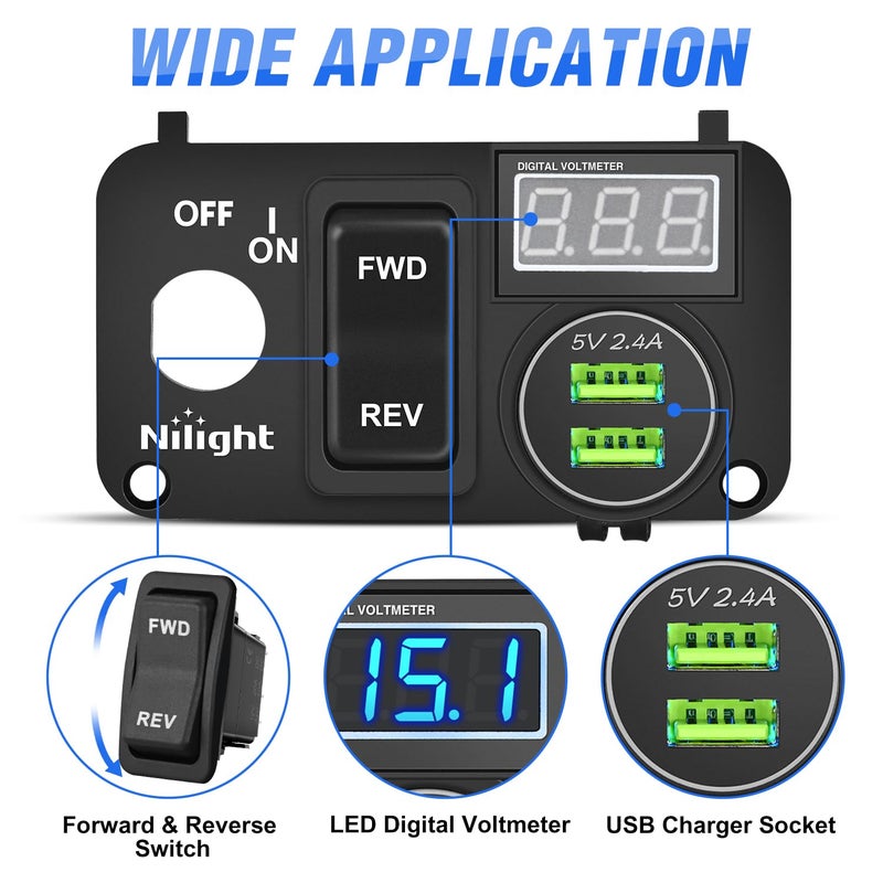 Nilight Golf Cart Key Switch Console Panel 9V-48V DC with Forward Reverse 3PIN Rocker Switches 4.8A Dual USB Quick Charger LED Digital Voltmeter for EZGO TXT PDS - Image 3