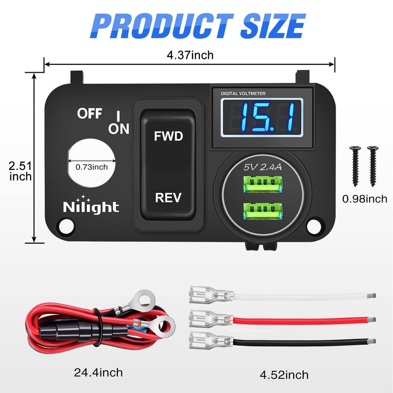 Nilight Golf Cart Key Switch Console Panel 9V-48V DC with Forward Reverse 3PIN Rocker Switches 4.8A Dual USB Quick Charger LED Digital Voltmeter for EZGO TXT PDS - Image 5