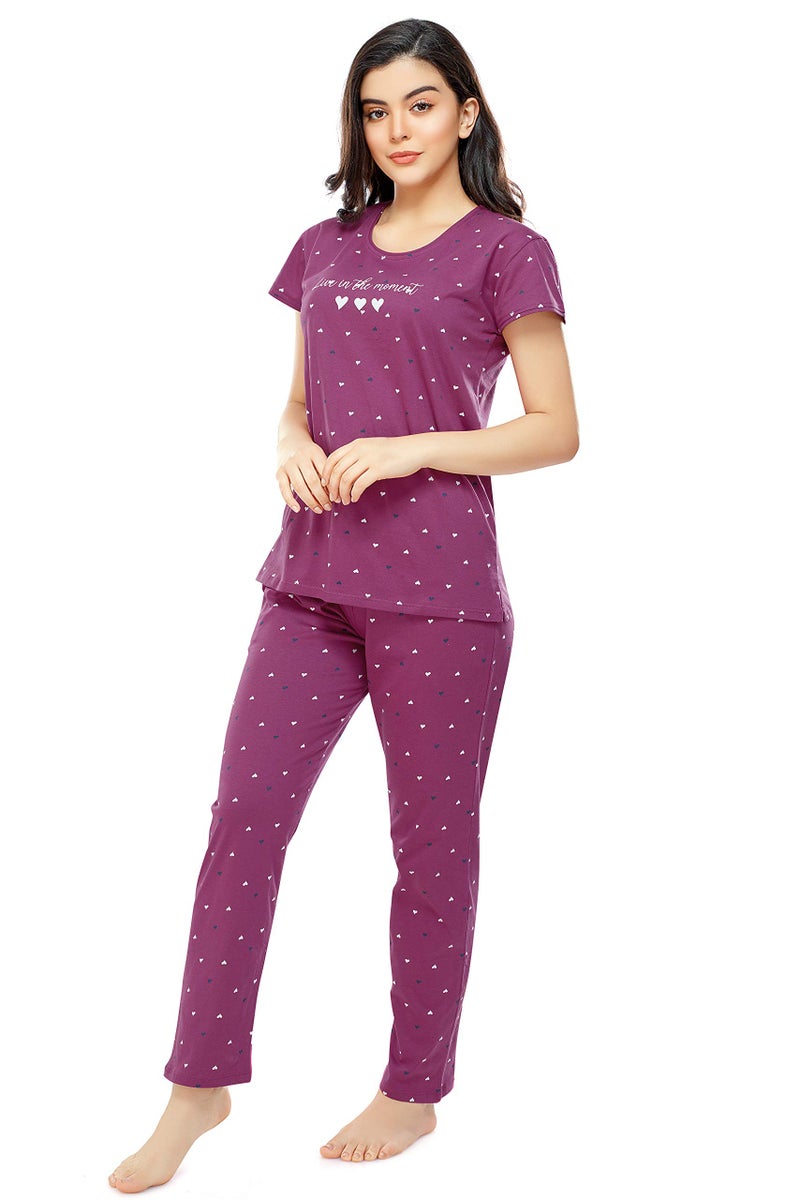 ZEYO Women's Cotton Heart Printed Plum Red Night Suit set of Top & Pyjama 5302 - Image 4