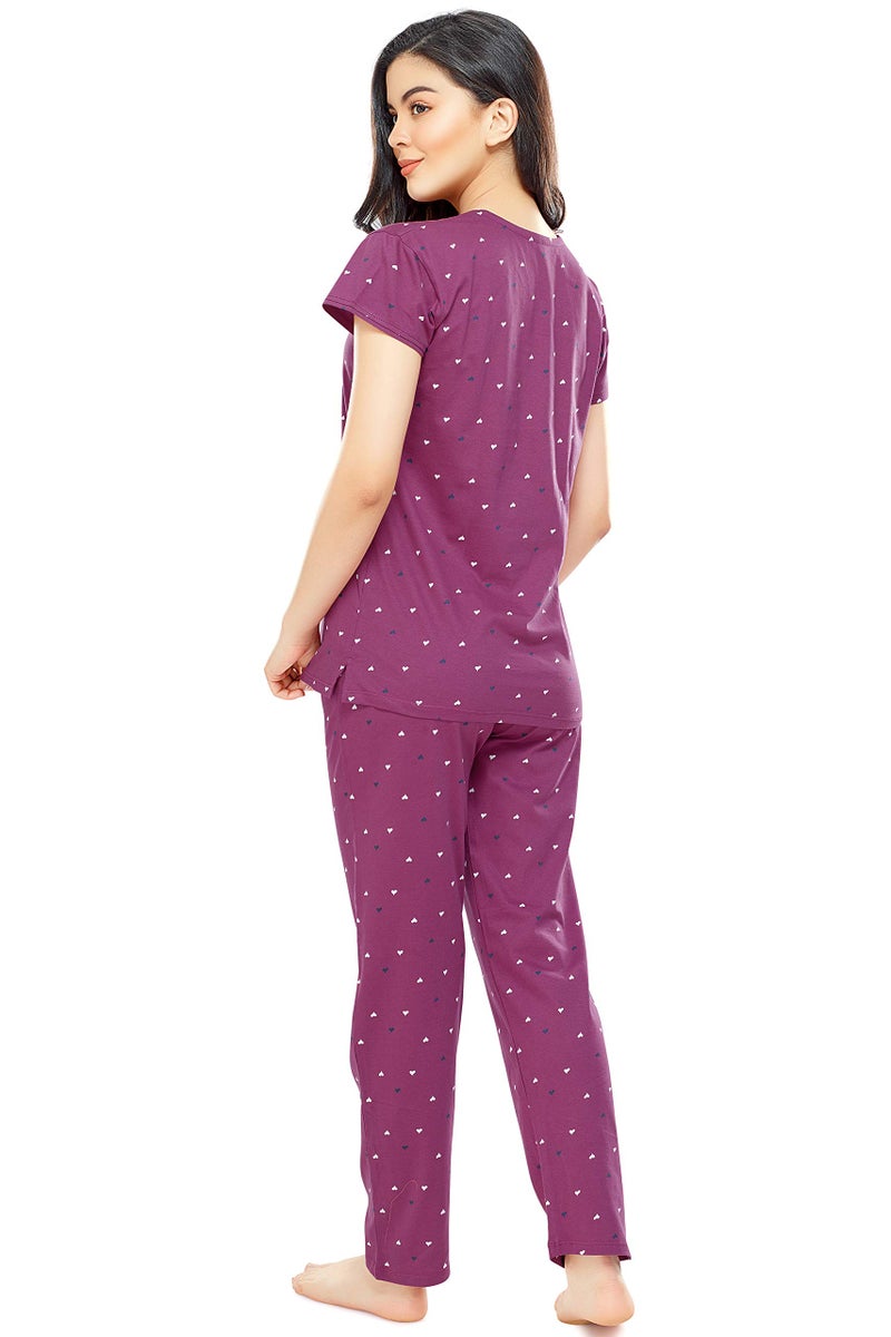 ZEYO Women's Cotton Heart Printed Plum Red Night Suit set of Top & Pyjama 5302 - Image 3