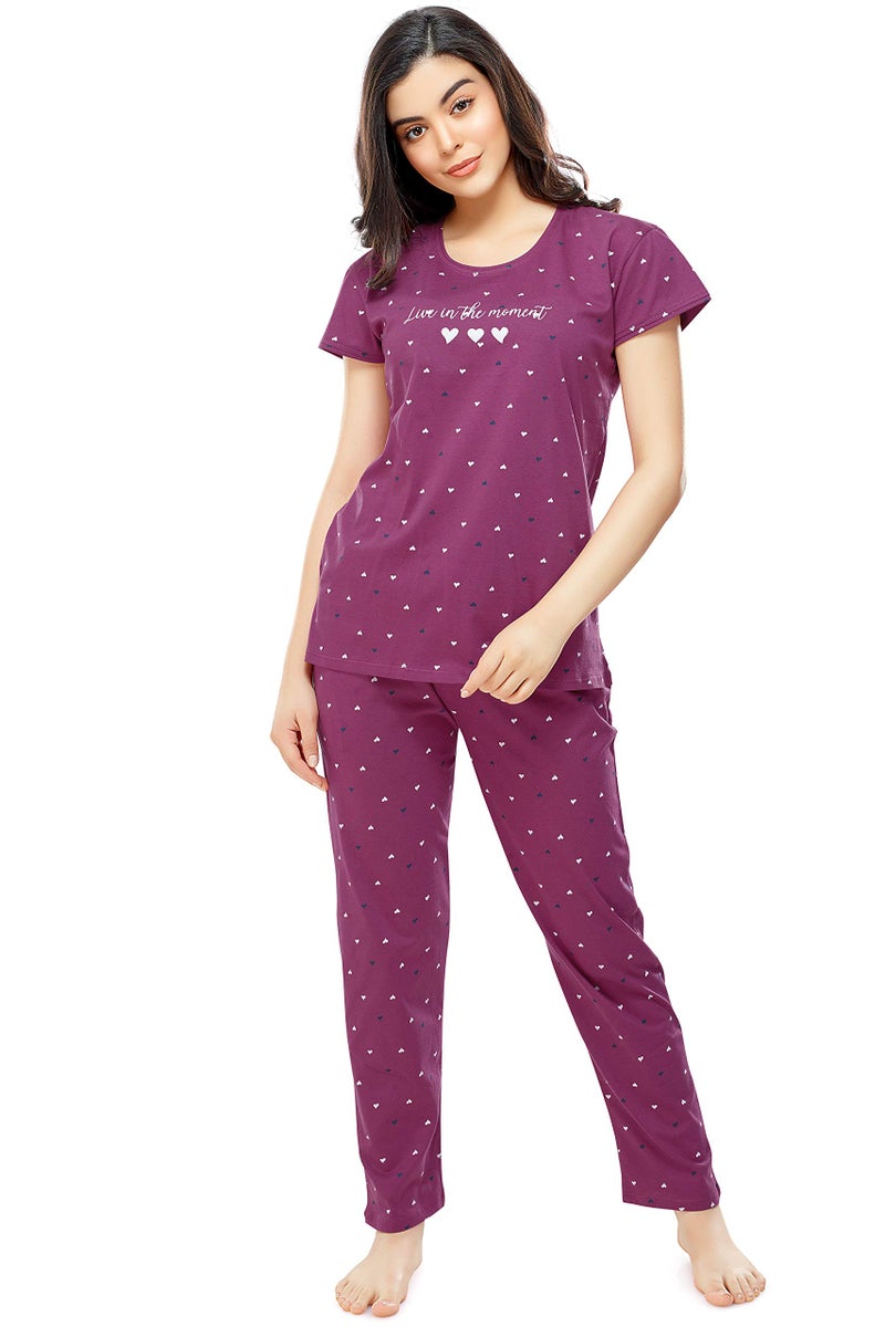 ZEYO Women's Cotton Heart Printed Plum Red Night Suit set of Top & Pyjama 5302 - Image 1