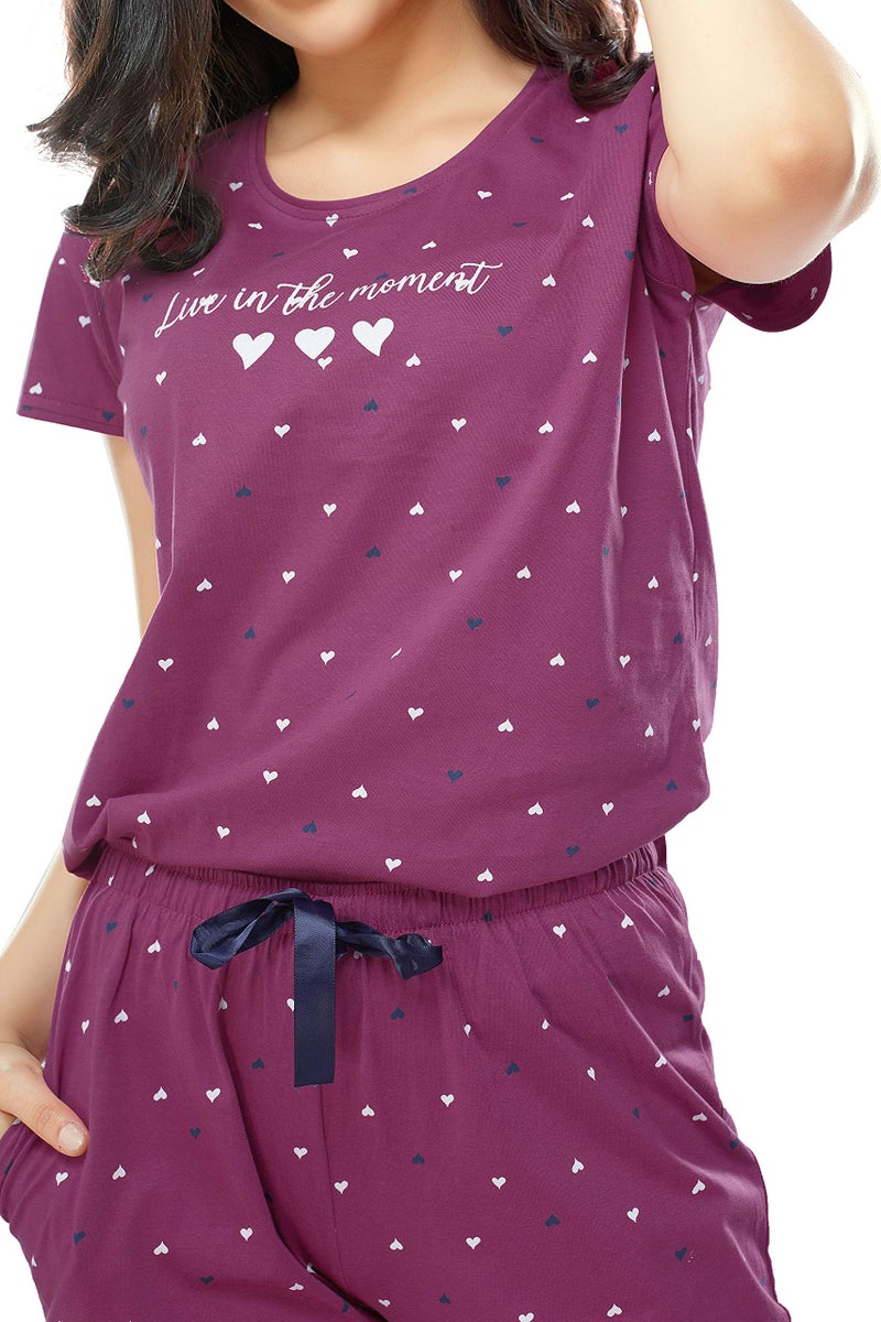 ZEYO Women's Cotton Heart Printed Plum Red Night Suit set of Top & Pyjama 5302 - Image 2