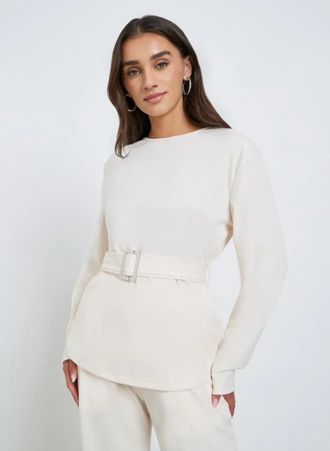 Styli Solid Belted Top and Wide Leg Trousers Co-ords