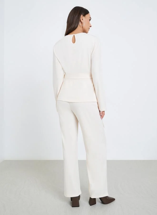 Styli  Solid Belted Top and Wide Leg Trousers Co-ords for Women | Best Price UAE