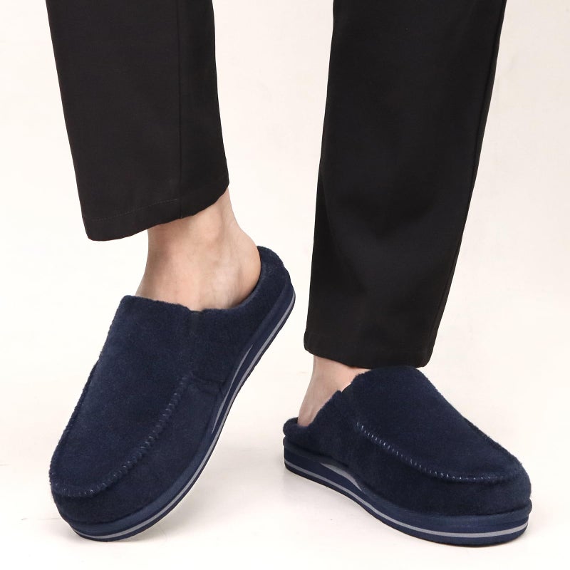 ONCAI Mens Slippers with Orthotic Arch Support,Cotton-Blend High-Density Memory Foam Plantar Fasciitis House Slippers Warm Clogs Slip-on Indoor Outdoor Rubber Sole Felt Blue Size 10 - Image 2