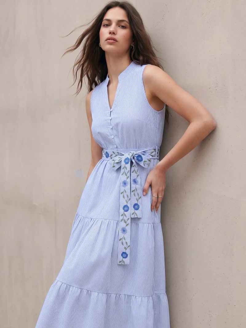 Outzidr light blue and white stripes Blue Flared Tiered Stripe Shirt Dress With Embroidered Belt for Women | Best Price UAE