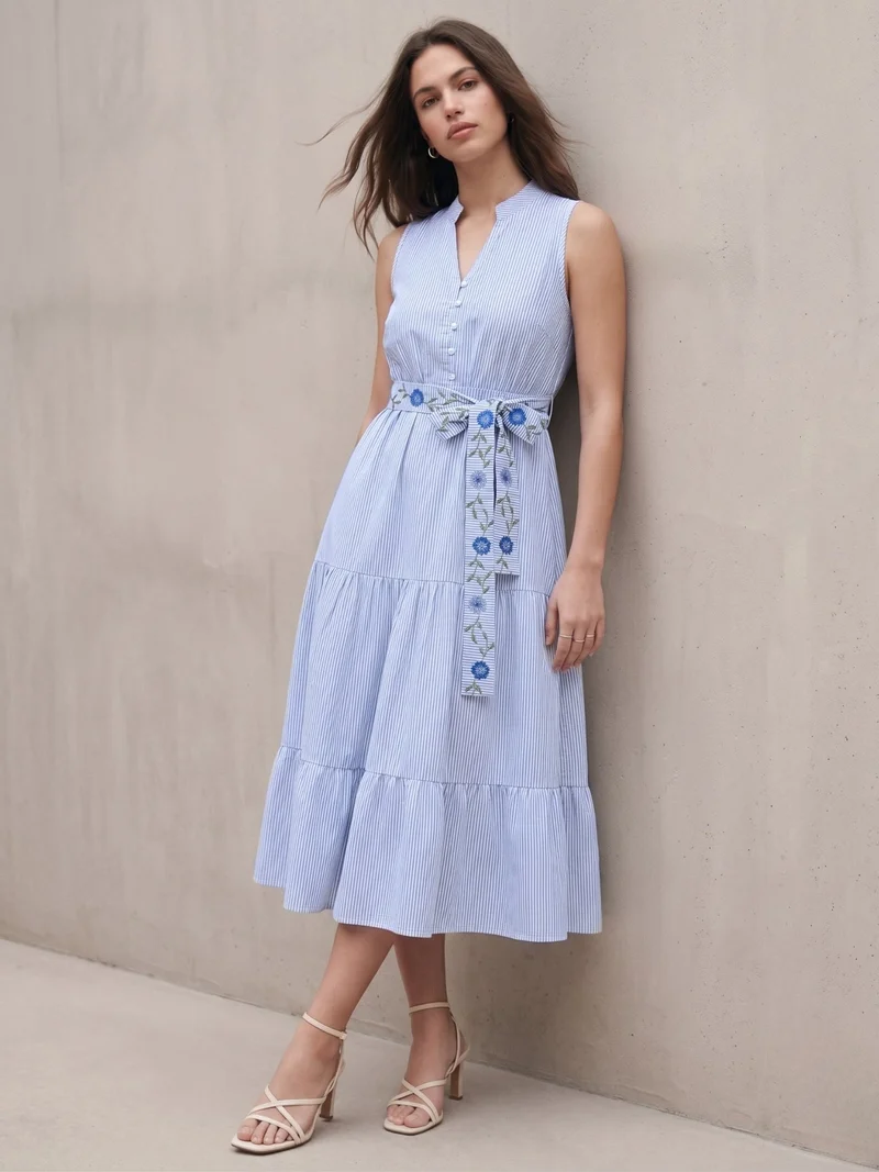 Outzidr light blue and white stripes Blue Flared Tiered Stripe Shirt Dress With Embroidered Belt for Women | Best Price UAE