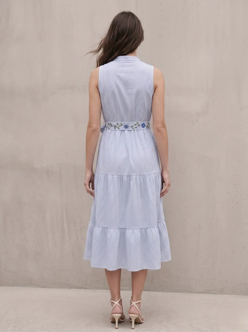 Outzidr light blue and white stripes Blue Flared Tiered Stripe Shirt Dress With Embroidered Belt for Women | Best Price UAE