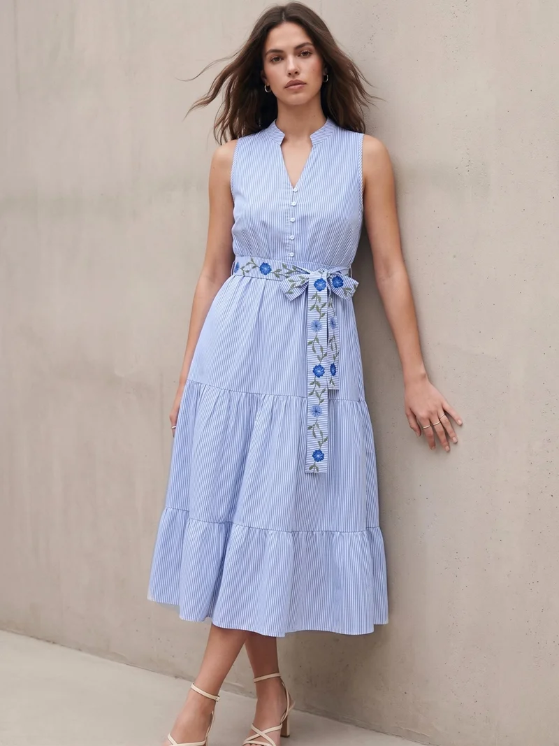 Blue Flared Tiered Stripe Shirt Dress With Embroidered Belt