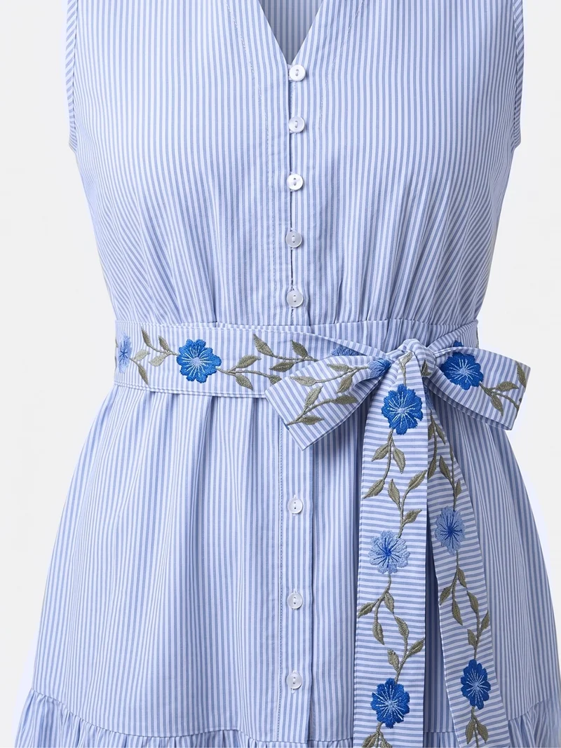 Outzidr light blue and white stripes Blue Flared Tiered Stripe Shirt Dress With Embroidered Belt for Women | Best Price UAE