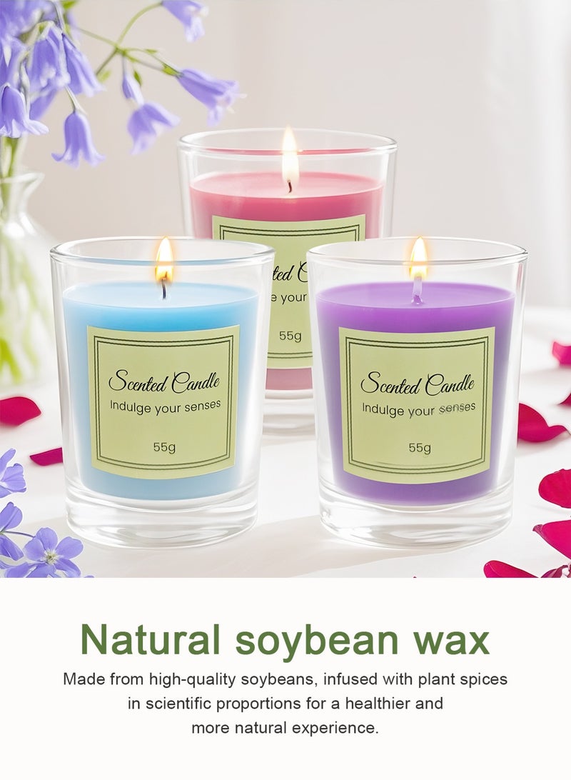 هومار كيت مجموعة هدايا من 3 شموع معطرة للنساء والرجال، شمعة العلاج بالروائح العطرية للمنزل، شموع الصويا الطبيعية هدايا لتخفيف التوتر والتأمل واليوغا والسبا المريح، شمعة عطرية (الخزامى والورد والياسمين) - Image 2
