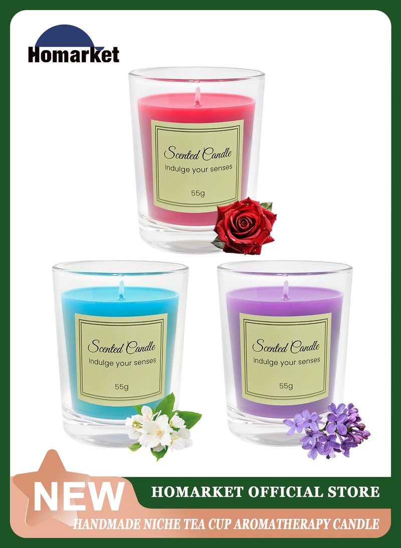 هومار كيت مجموعة هدايا من 3 شموع معطرة للنساء والرجال، شمعة العلاج بالروائح العطرية للمنزل، شموع الصويا الطبيعية هدايا لتخفيف التوتر والتأمل واليوغا والسبا المريح، شمعة عطرية (الخزامى والورد والياسمين) - Image 1