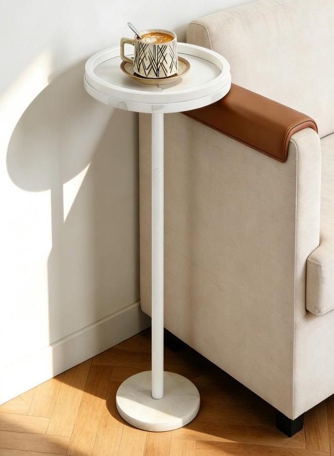 smusei Small Drink Table with Marble Base Round Side Table for Small Spaces Pedestal Side Table with Anti-Fall Guard for Living Room Bedroom Home Decor, White - Image 1