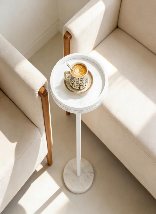 smusei Small Drink Table with Marble Base Round Side Table for Small Spaces Pedestal Side Table with Anti-Fall Guard for Living Room Bedroom Home Decor, White - Image 3