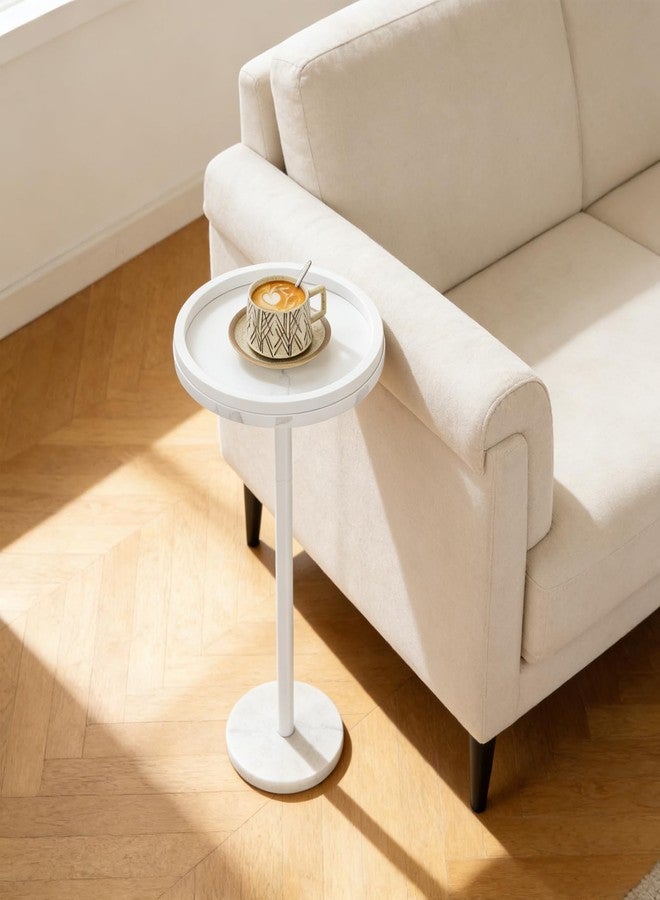 smusei Small Drink Table with Marble Base Round Side Table for Small Spaces Pedestal Side Table with Anti-Fall Guard for Living Room Bedroom Home Decor, White - Image 2