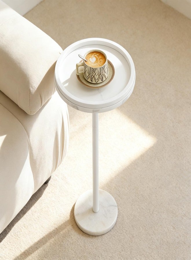 smusei Small Drink Table with Marble Base Round Side Table for Small Spaces Pedestal Side Table with Anti-Fall Guard for Living Room Bedroom Home Decor, White - Image 4