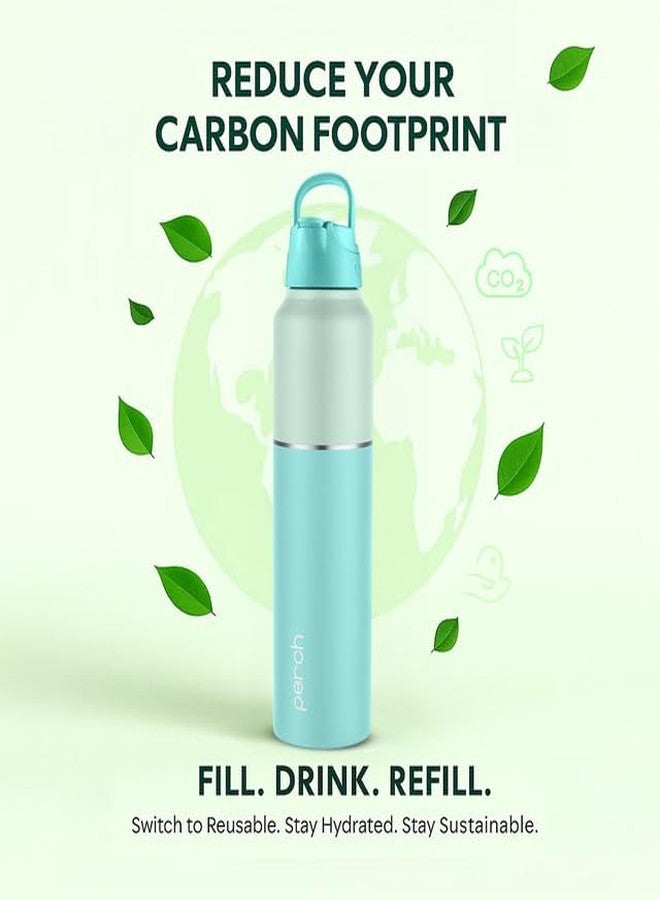 Perch Magic Stainless Steel Water Bottle 1 litre with Straw and Dual Cap - Single-Walled, BPA Free, ISI Certified | Compact & Easy to Carry | Ideal for Travel, Gym, School - Cyan (Dual Tone) - Image 2