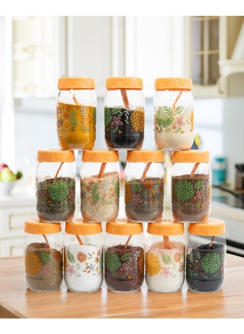 HEREVIN - 12LI 370 cc Botanical Glass Spice Jar Set-Spice Jar Set-Storage Container-Peach - Image 1