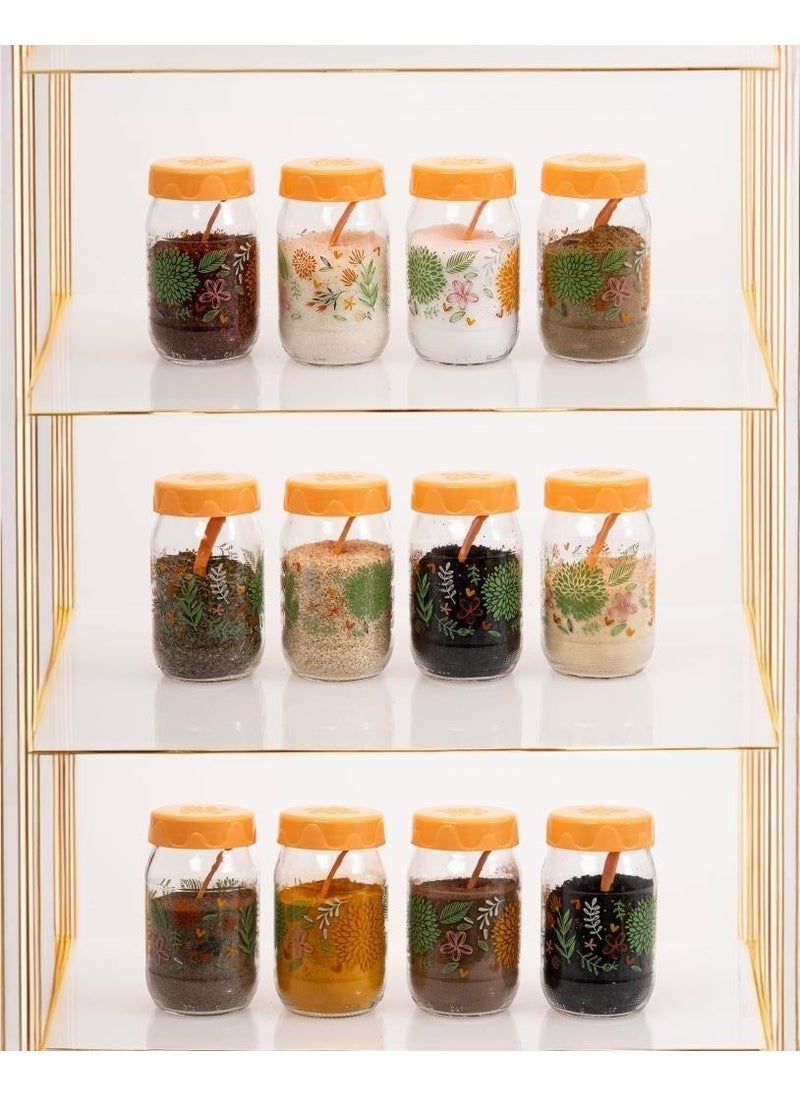 HEREVIN - 12LI 370 cc Botanical Glass Spice Jar Set-Spice Jar Set-Storage Container-Peach - Image 1