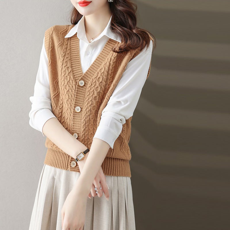 100% wool sleeveless sweater cardigan womens spring and autumn loose all-match knitted vest outer V-neck wool vest Gray