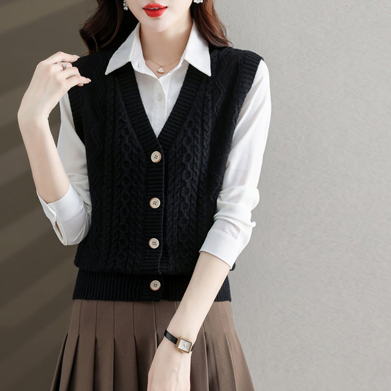 100% wool sleeveless sweater cardigan womens spring and autumn loose all-match knitted vest outer V-neck wool vest Gray