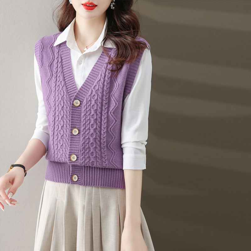 100% wool sleeveless sweater cardigan womens spring and autumn loose all-match knitted vest outer V-neck wool vest Gray