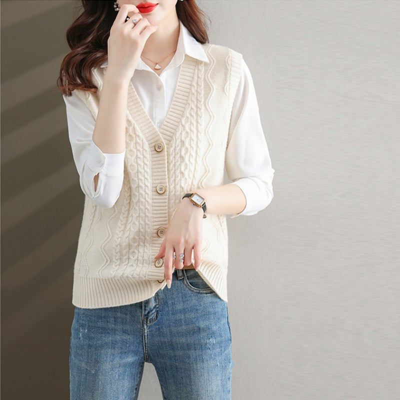 100% wool sleeveless sweater cardigan womens spring and autumn loose all-match knitted vest outer V-neck wool vest Gray