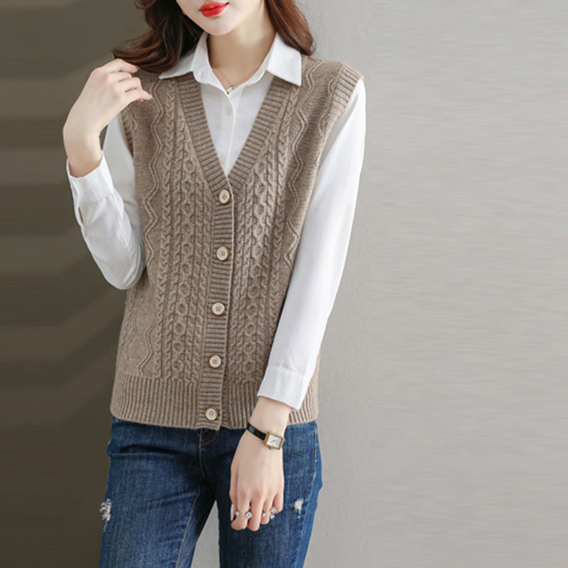 100% wool sleeveless sweater cardigan womens spring and autumn loose all-match knitted vest outer V-neck wool vest Gray